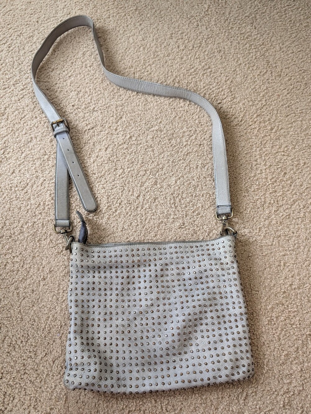 Studded Italian Leather Crossbody Shoulder Bag in Light Gray